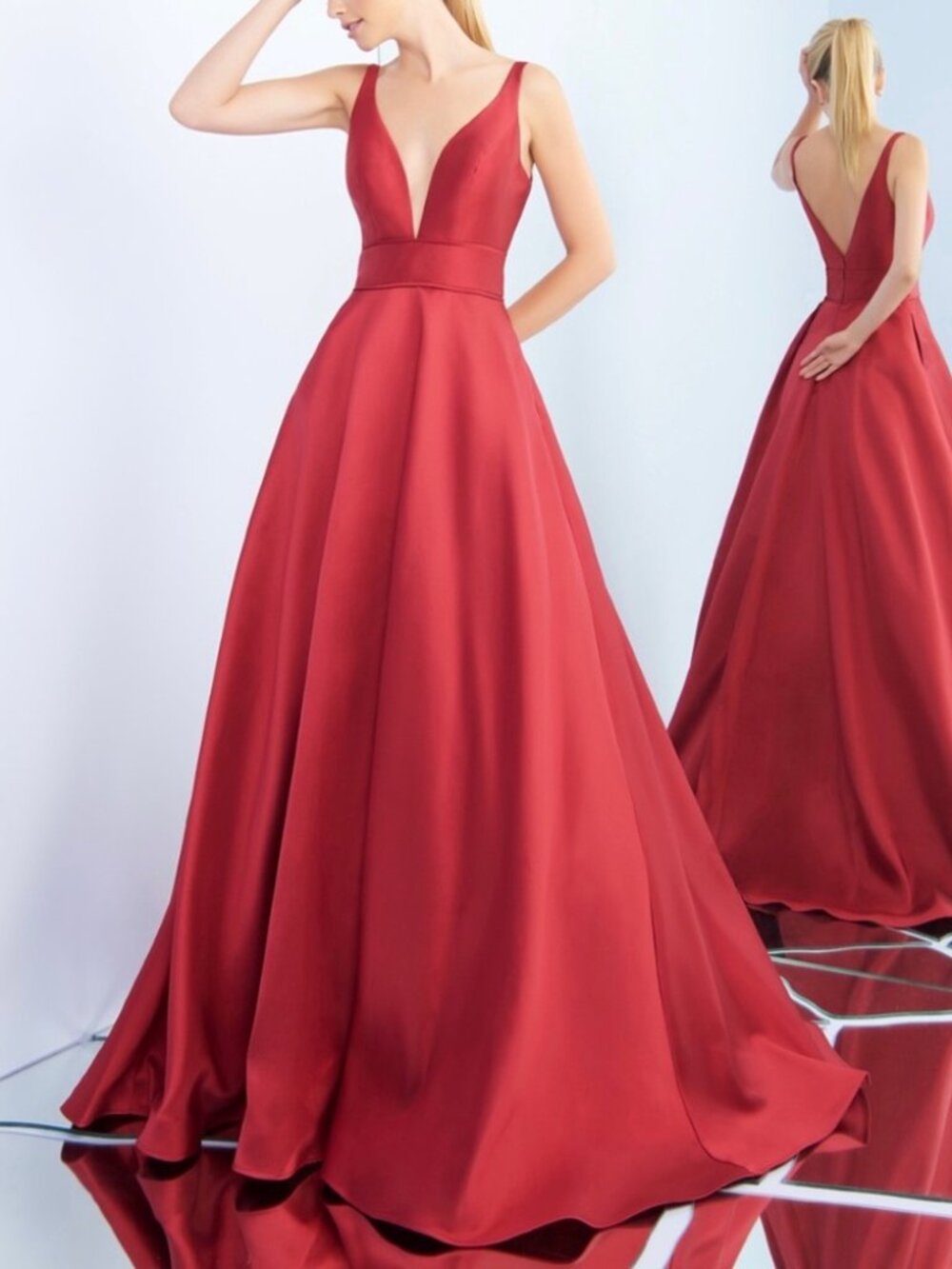 Mac Duggal Ieena 55010 Red Plunging V-Neck V-Back Gown, Size 2